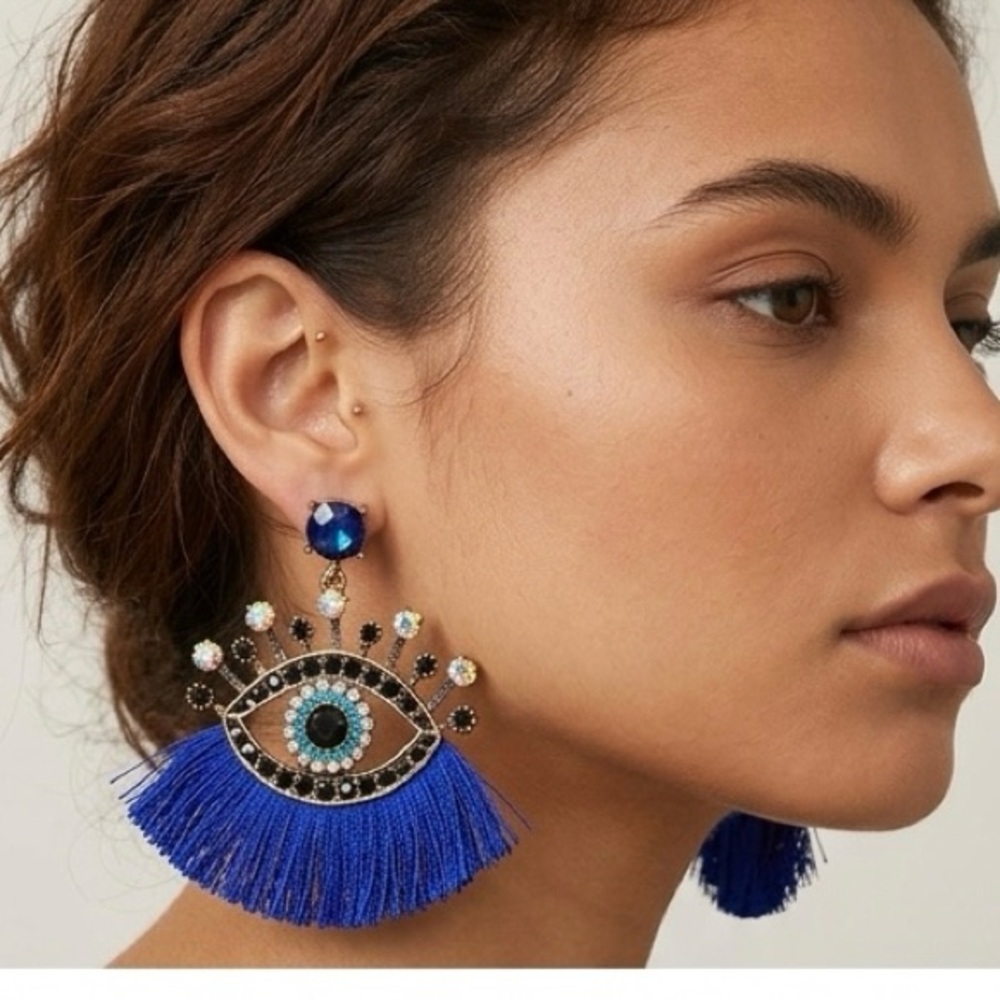 New fashion Stunning Cobalt Blue Evil Eye Tassel Earrings Statement Jewelry